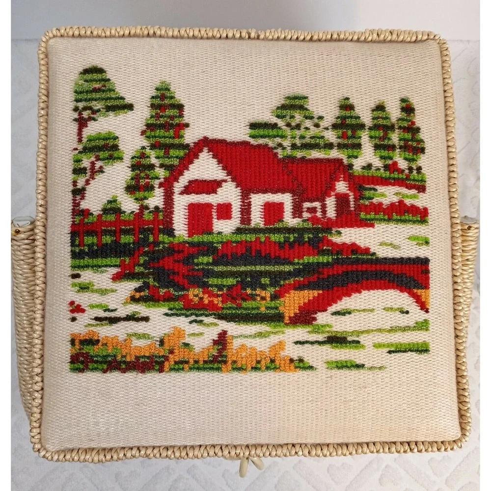JCPenney Embroidered Farmhouse Wicker Sewing Notions Craft Basket w/Lid 10